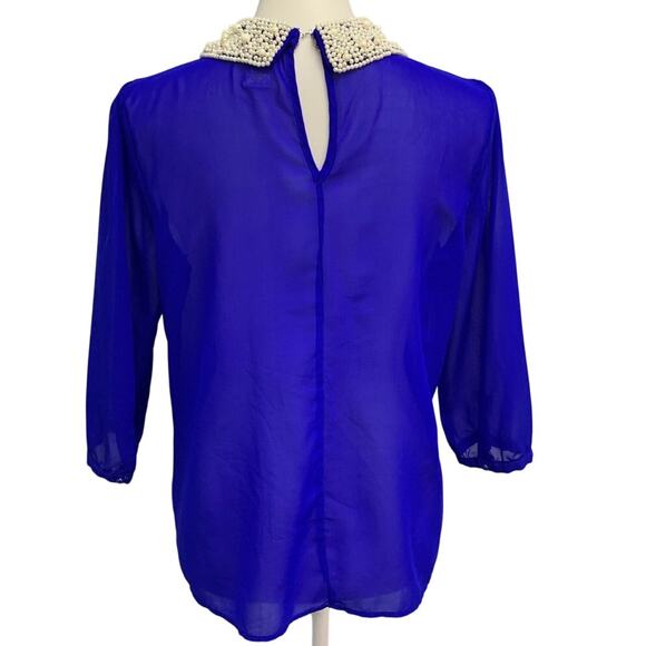 DizzyLizzy Womens Large Sheer Lightweight Pearl Beaded Collar Blouson Sleeve Top - Picture 4 of 6